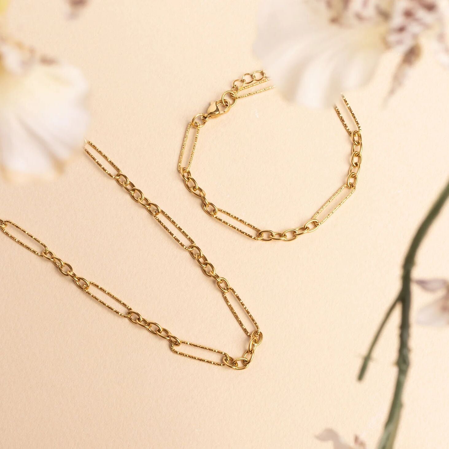 18K Gold PVD Stainless Steel Long Paperclip Textured Chain Necklace