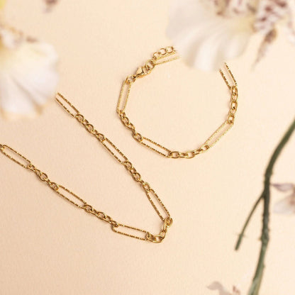 18K Gold PVD Stainless Steel Long Paperclip Textured Chain Necklace