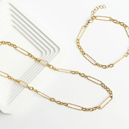 18K Gold PVD Stainless Steel Long Paperclip Textured Chain Necklace