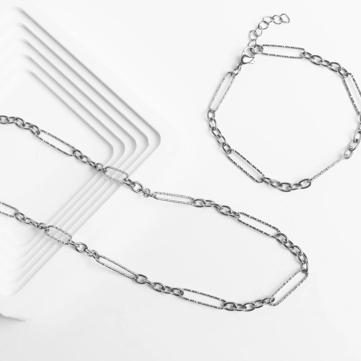 18K Gold PVD Stainless Steel Long Paperclip Textured Chain Necklace