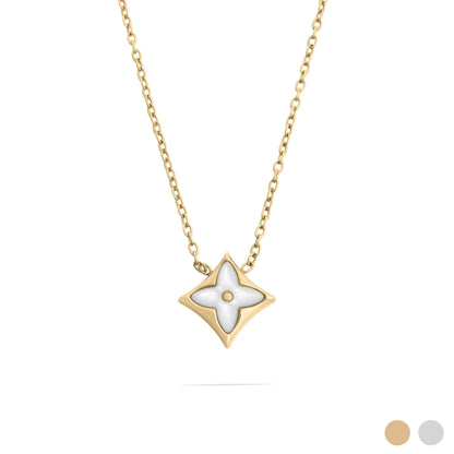 Gold necklace with a star-shaped pendant on a white background