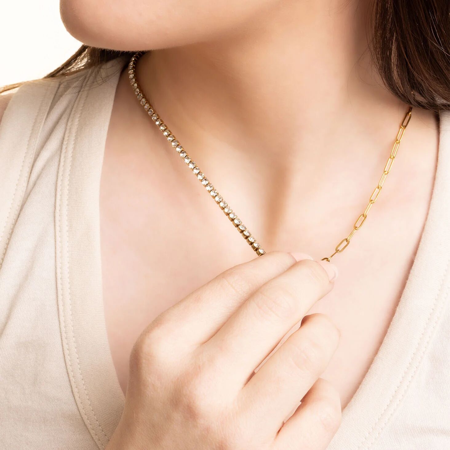 18K Gold PVD Stainless Steel Paperclip Tennis Chain Split Necklace