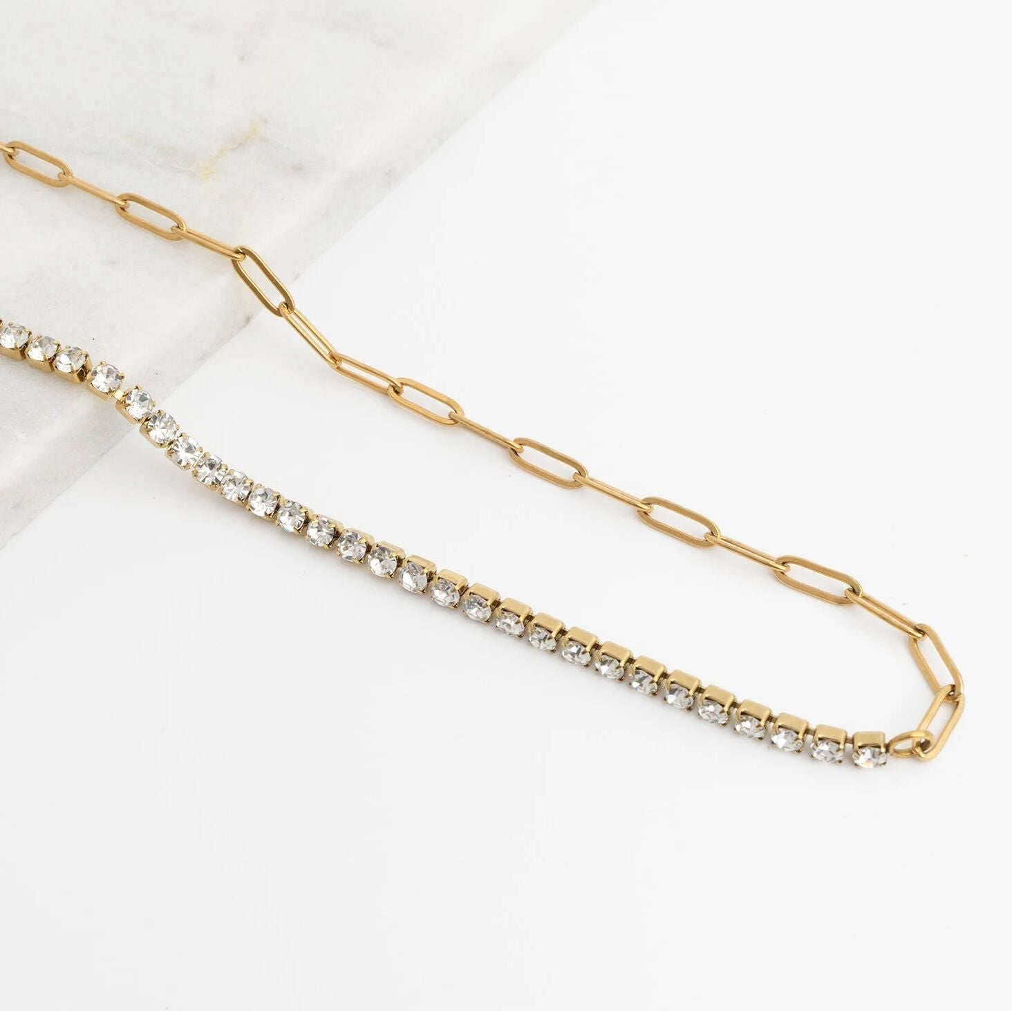 18K Gold PVD Stainless Steel Paperclip Tennis Chain Split Necklace