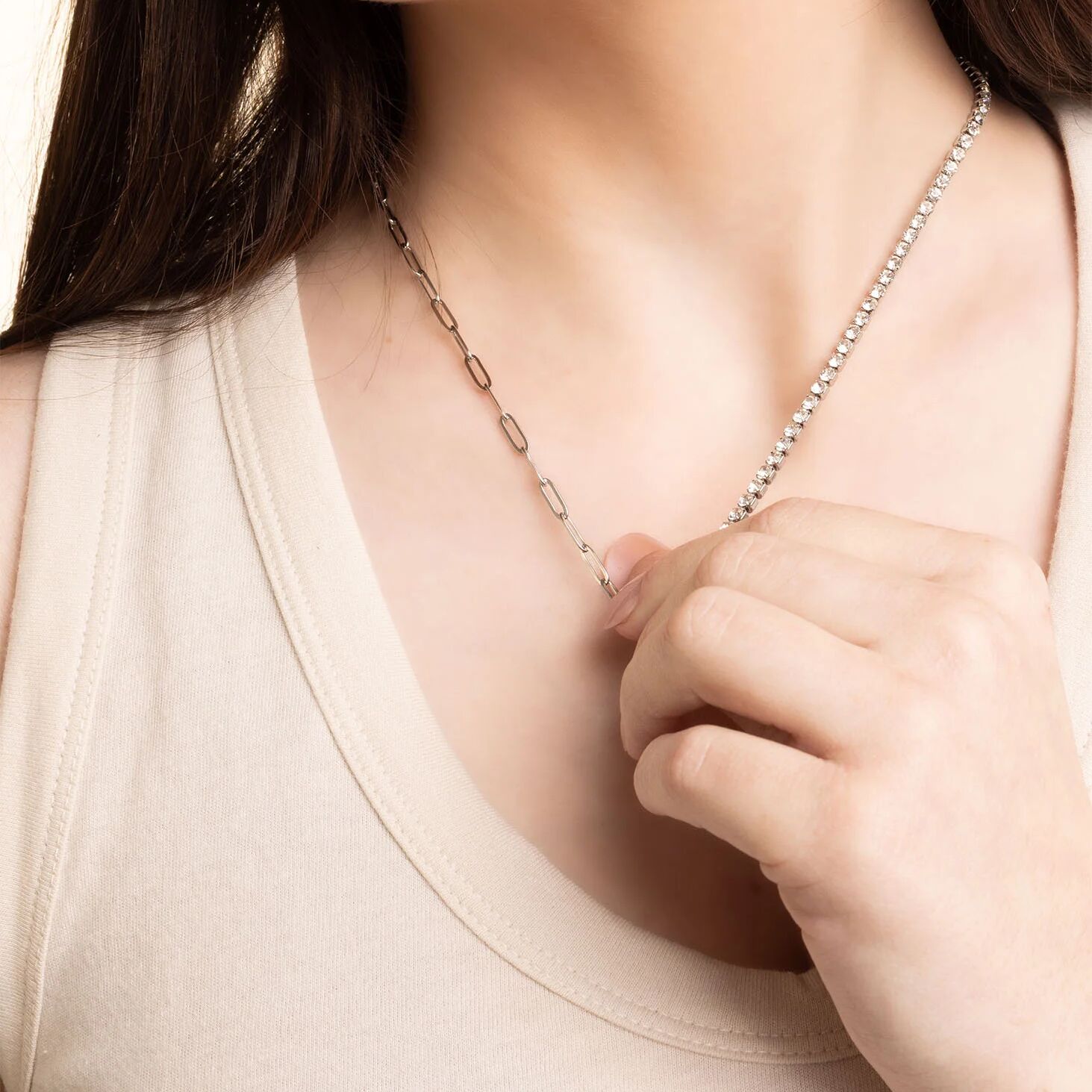 18K Gold PVD Stainless Steel Paperclip Tennis Chain Split Necklace
