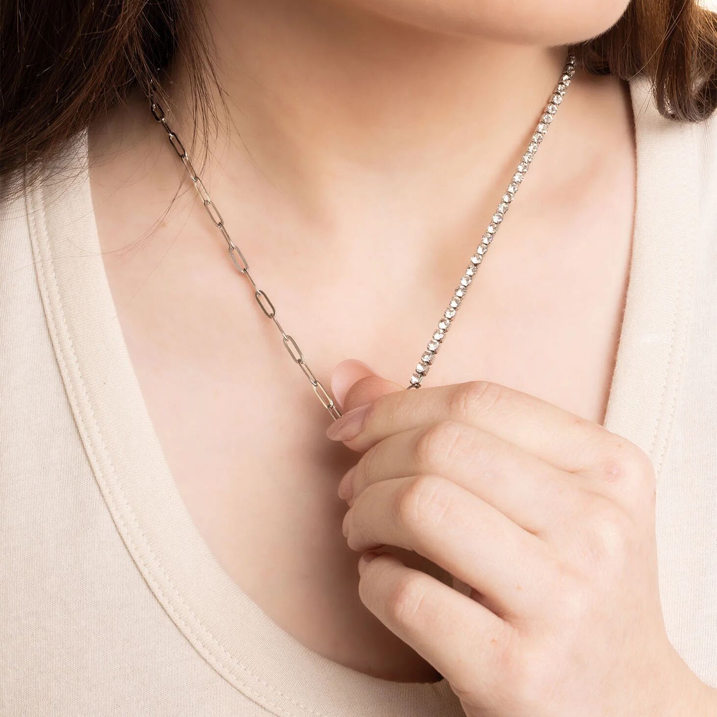 18K Gold PVD Stainless Steel Paperclip Tennis Chain Split Necklace