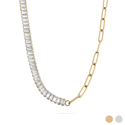 18K Gold PVD Stainless Steel Paperclip Emerald CZ Tennis Chain Split Necklace