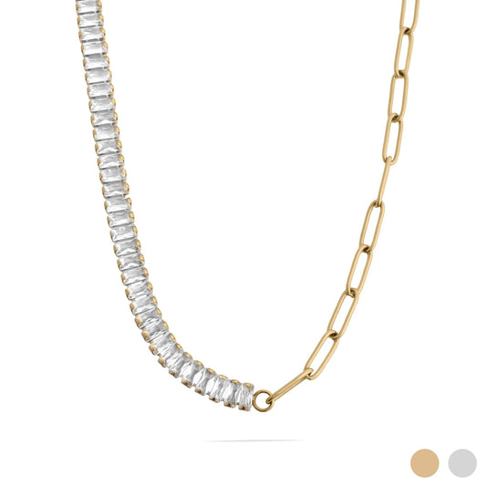 18K Gold PVD Stainless Steel Paperclip Emerald CZ Tennis Chain Split Necklace