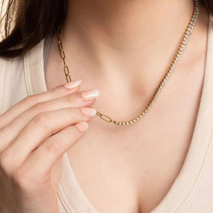 18K Gold PVD Stainless Steel Paperclip Emerald CZ Tennis Chain Split Necklace