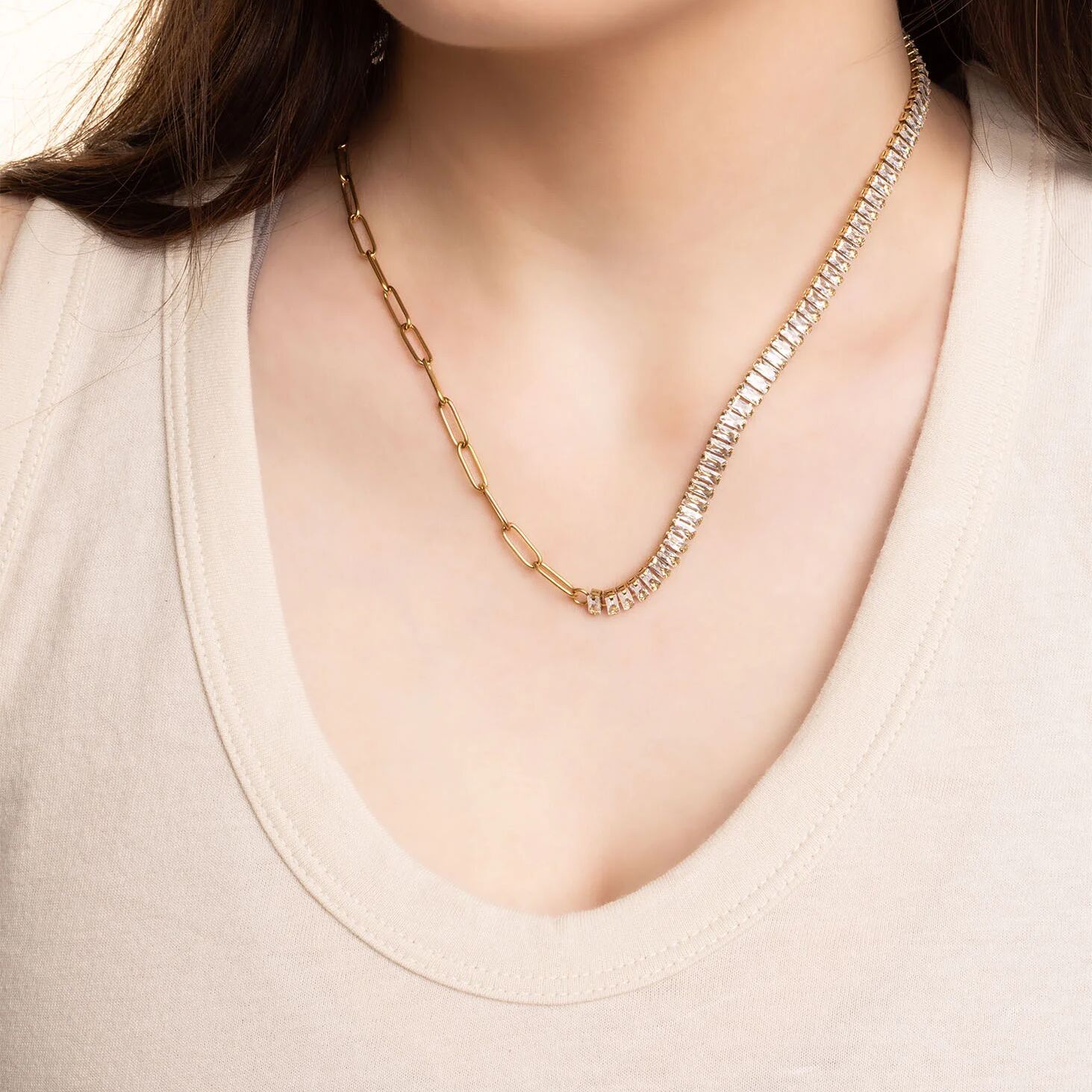 18K Gold PVD Stainless Steel Paperclip Emerald CZ Tennis Chain Split Necklace