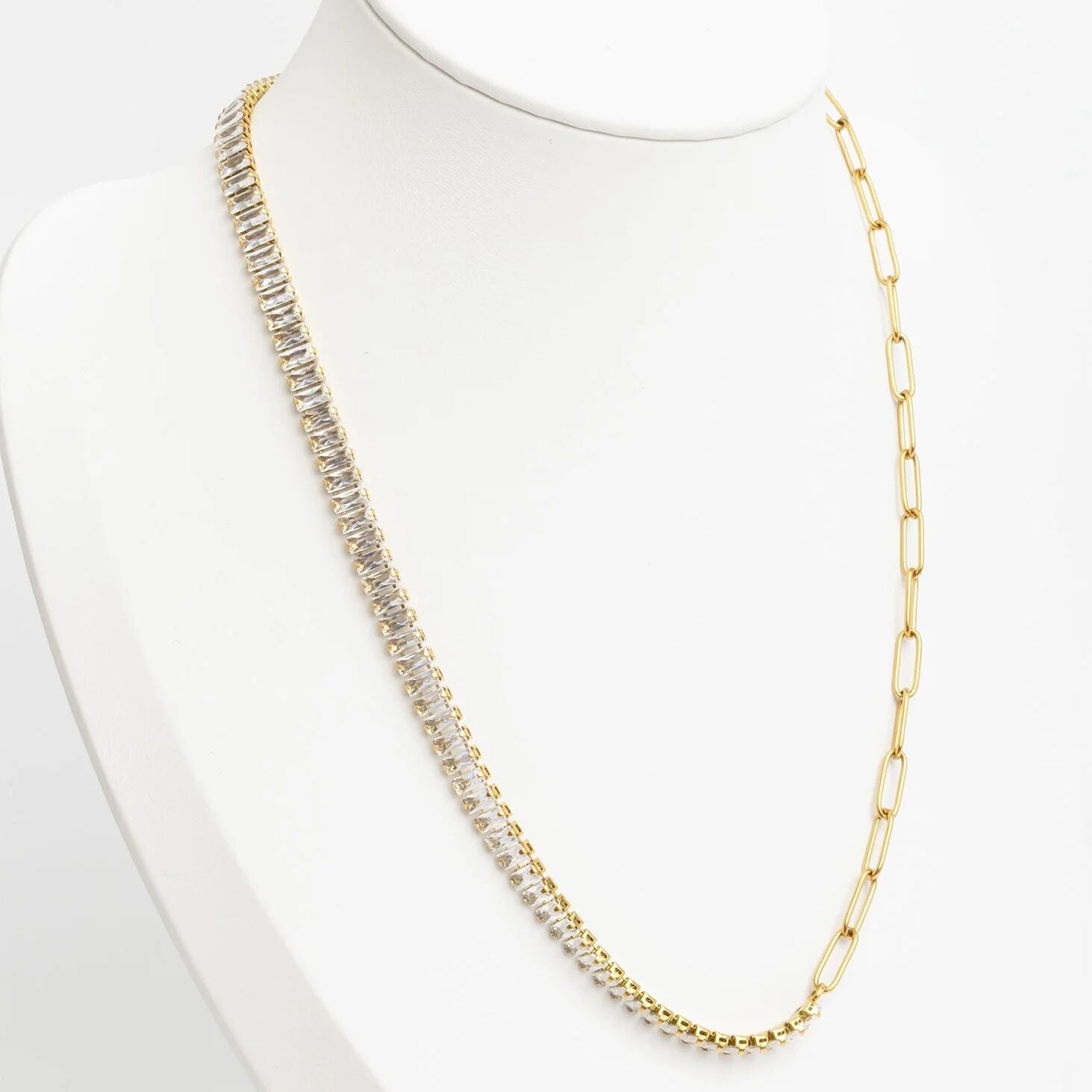 18K Gold PVD Stainless Steel Paperclip Emerald CZ Tennis Chain Split Necklace