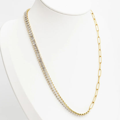 18K Gold PVD Stainless Steel Paperclip Emerald CZ Tennis Chain Split Necklace