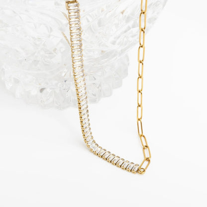 18K Gold PVD Stainless Steel Paperclip Emerald CZ Tennis Chain Split Necklace