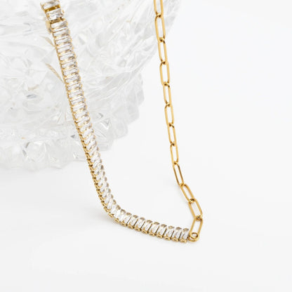 18K Gold PVD Stainless Steel Paperclip Emerald CZ Tennis Chain Split Necklace