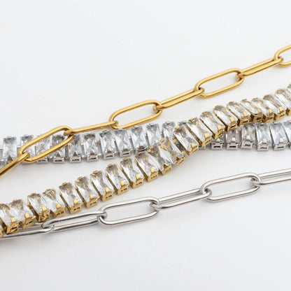 18K Gold PVD Stainless Steel Paperclip Emerald CZ Tennis Chain Split Necklace