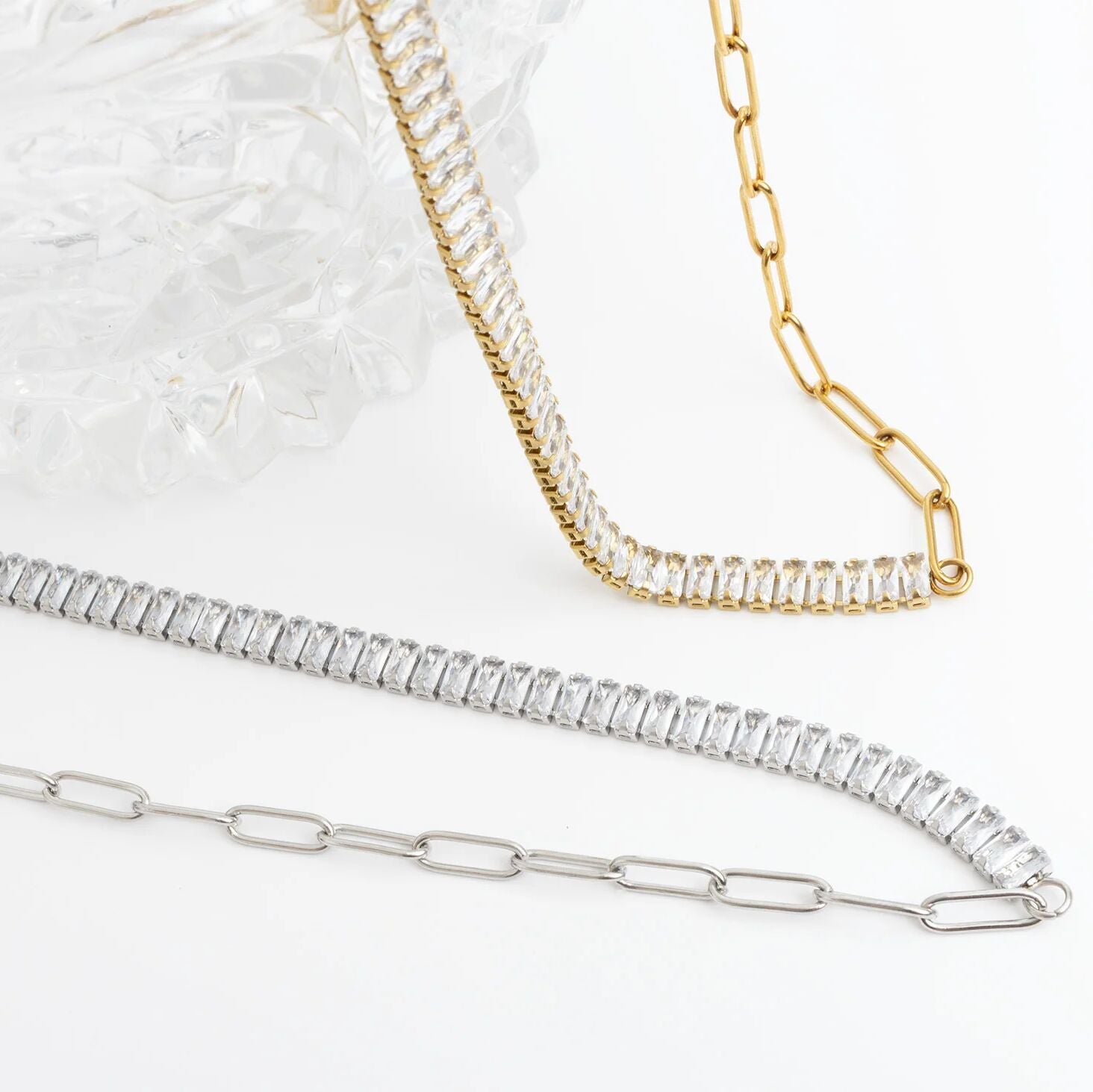 18K Gold PVD Stainless Steel Paperclip Emerald CZ Tennis Chain Split Necklace