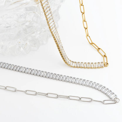18K Gold PVD Stainless Steel Paperclip Emerald CZ Tennis Chain Split Necklace