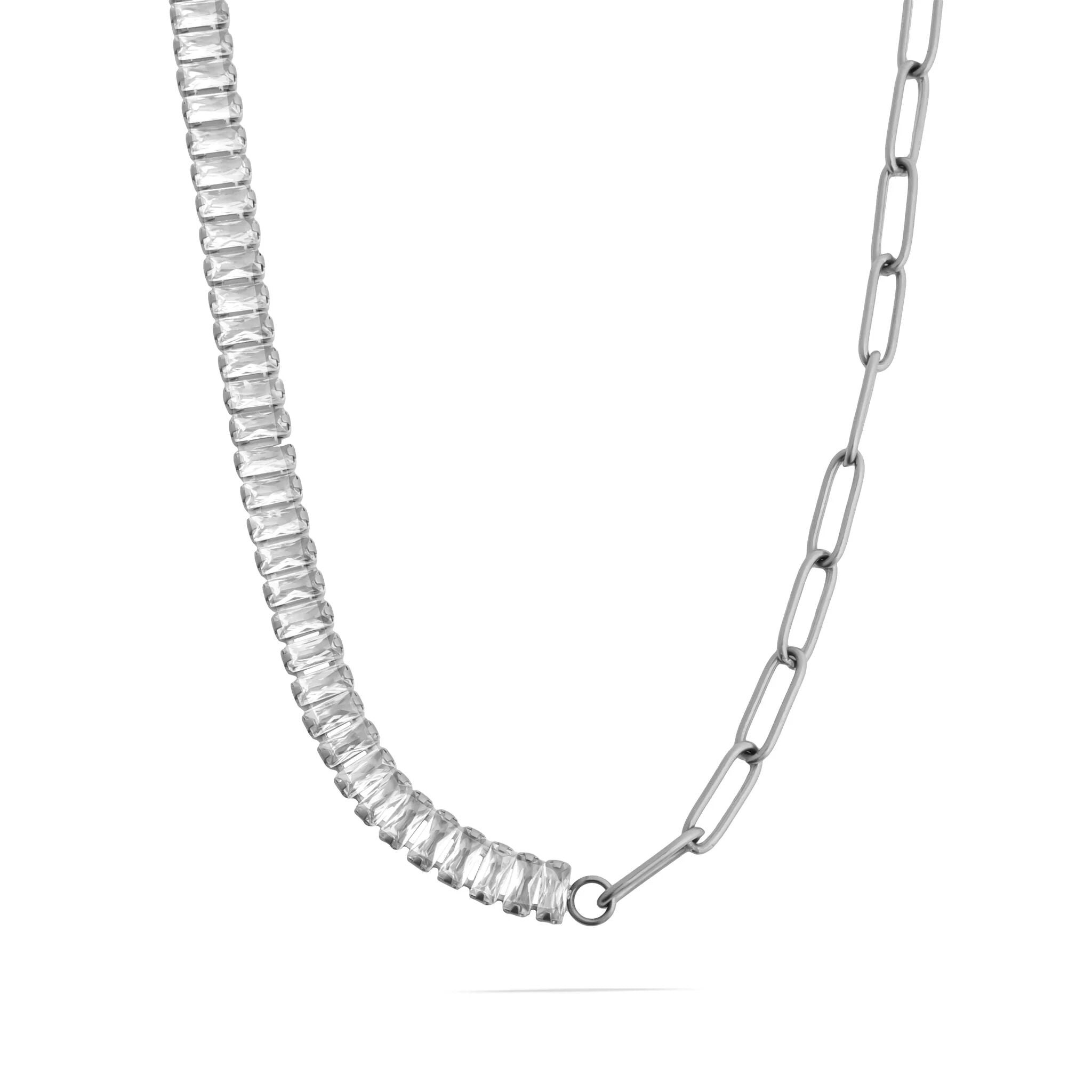 18K Gold PVD Stainless Steel Paperclip Emerald CZ Tennis Chain Split Necklace