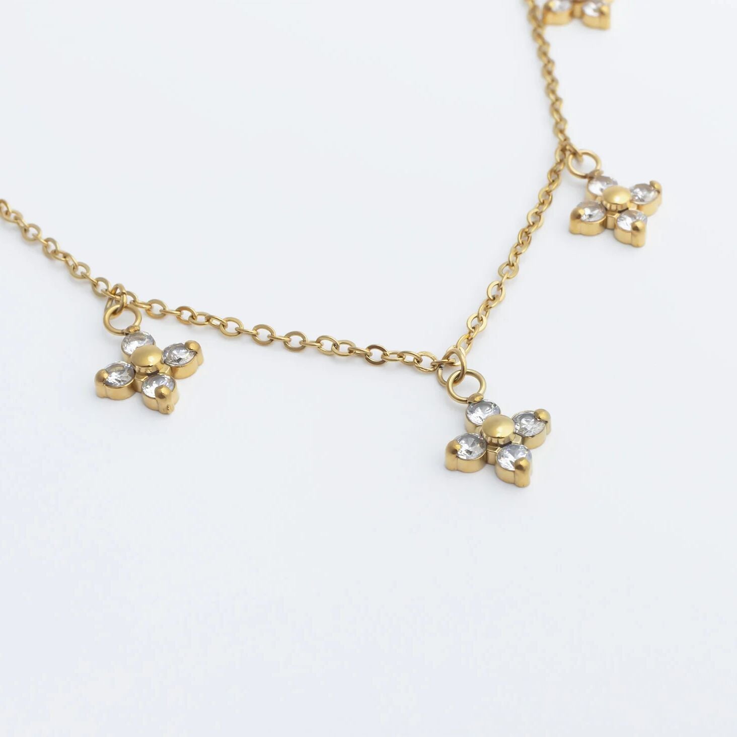 18K Gold PVD Stainless Steel CZ Dangle Floral Necklace