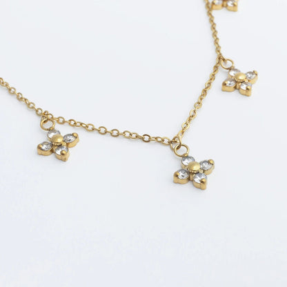 18K Gold PVD Stainless Steel CZ Dangle Floral Necklace