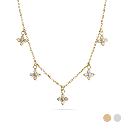Gold necklace with flower-shaped pendants on a white background