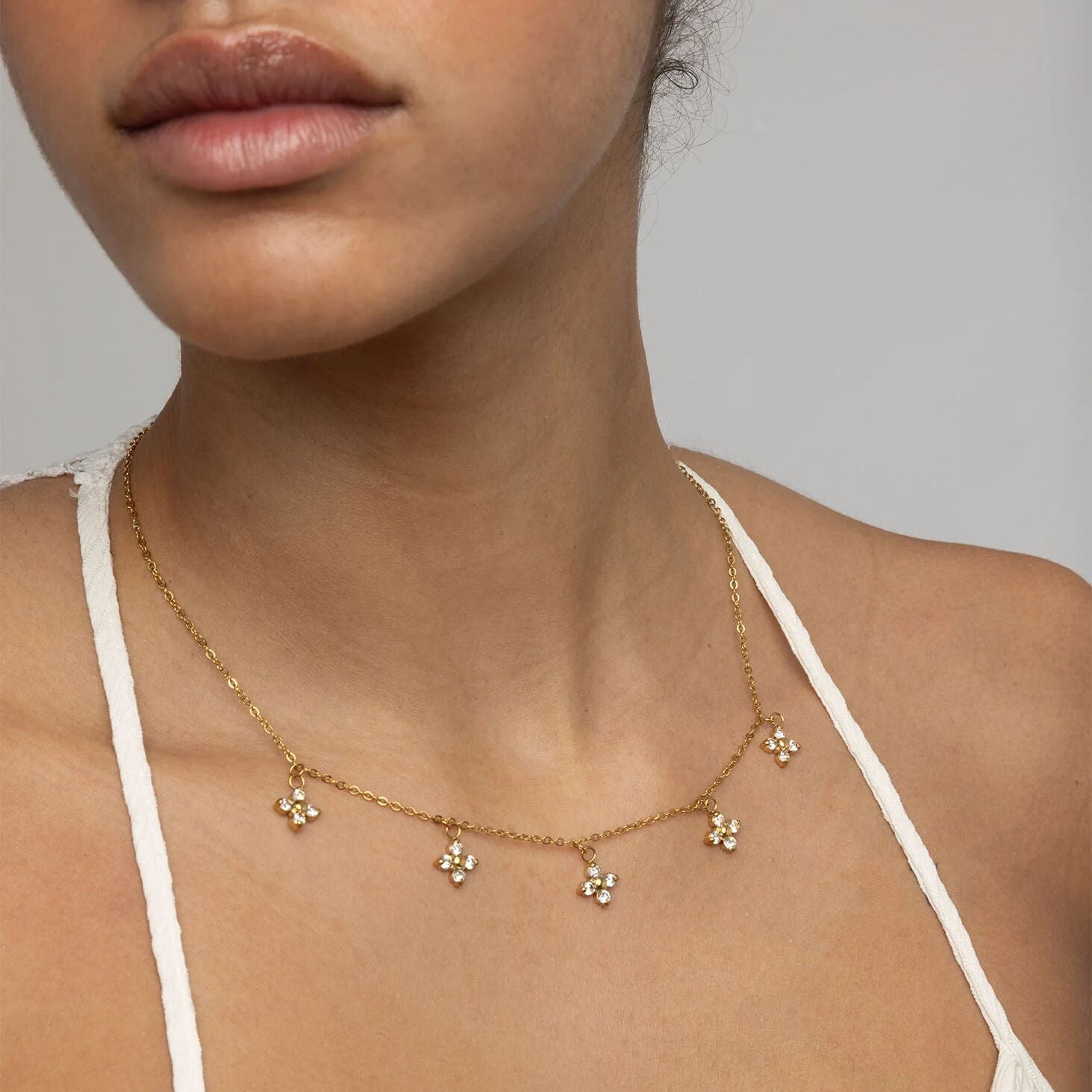 18K Gold PVD Stainless Steel CZ Dangle Floral Necklace