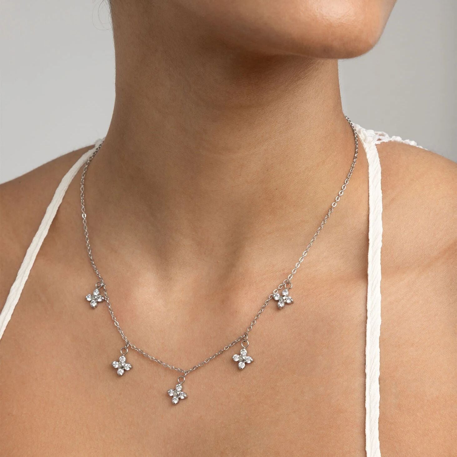 18K Gold PVD Stainless Steel CZ Dangle Floral Necklace