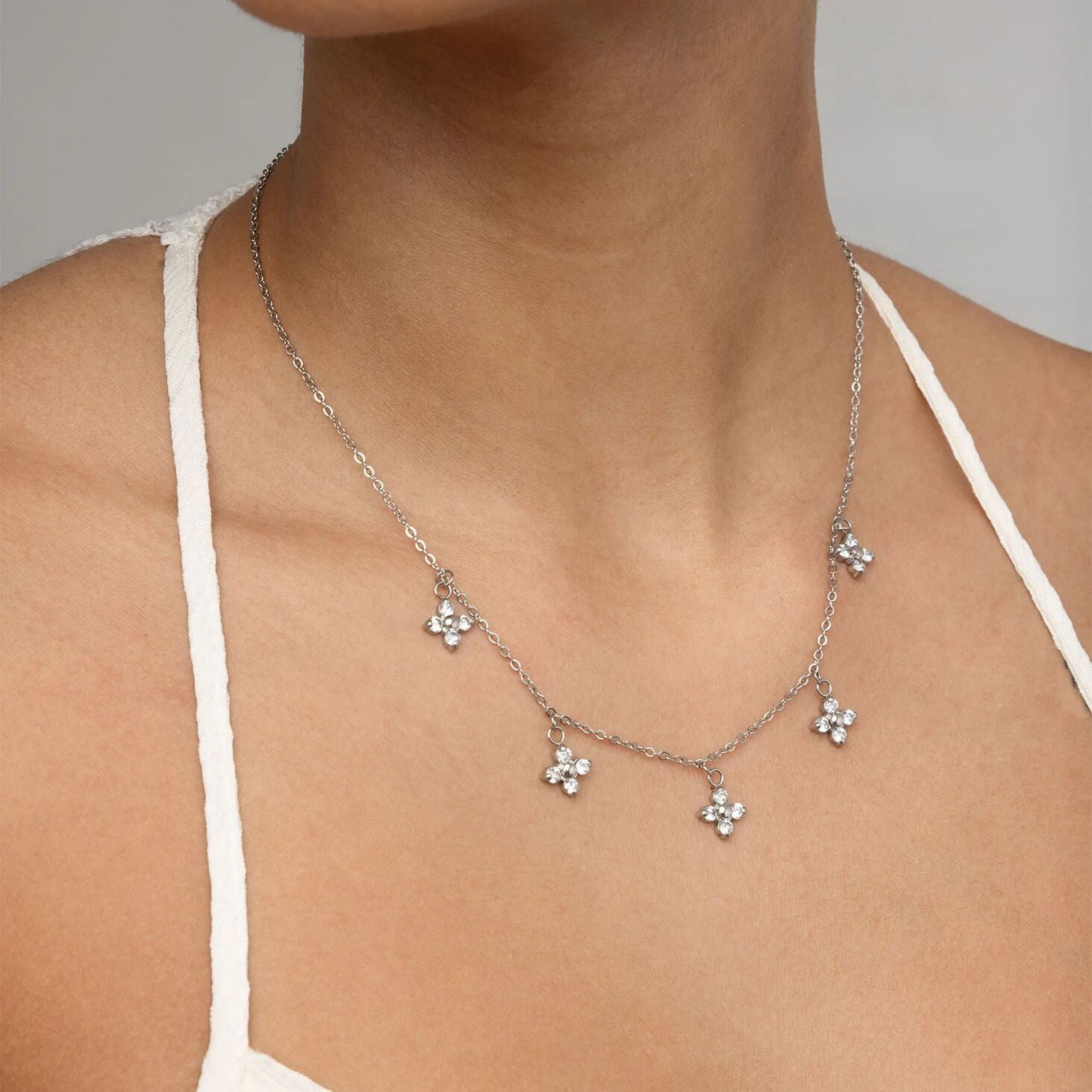 18K Gold PVD Stainless Steel CZ Dangle Floral Necklace