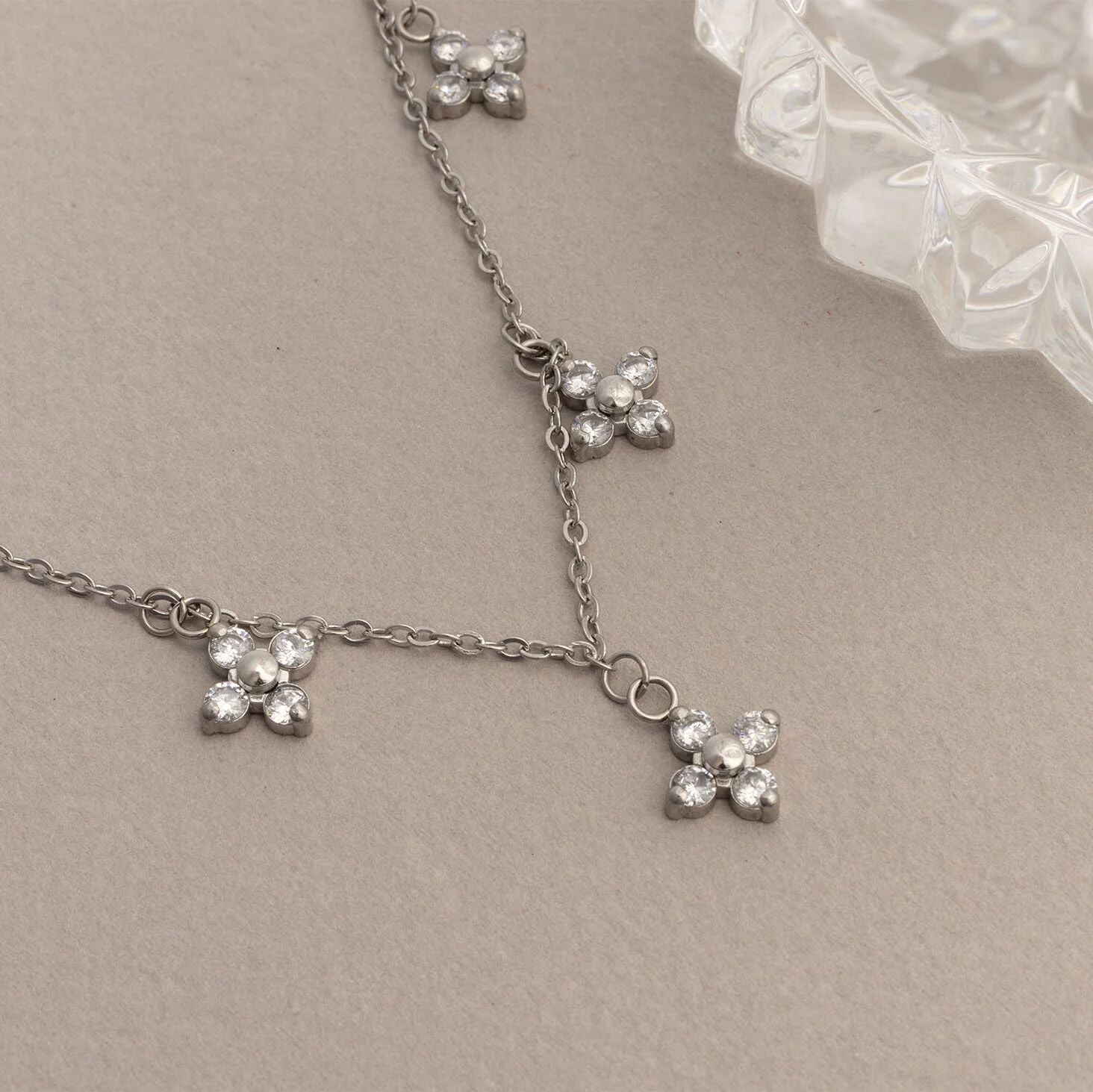 18K Gold PVD Stainless Steel CZ Dangle Floral Necklace