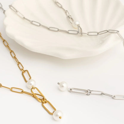 18K Gold PVD Stainless Steel Y Paperclip Necklace with Pearl