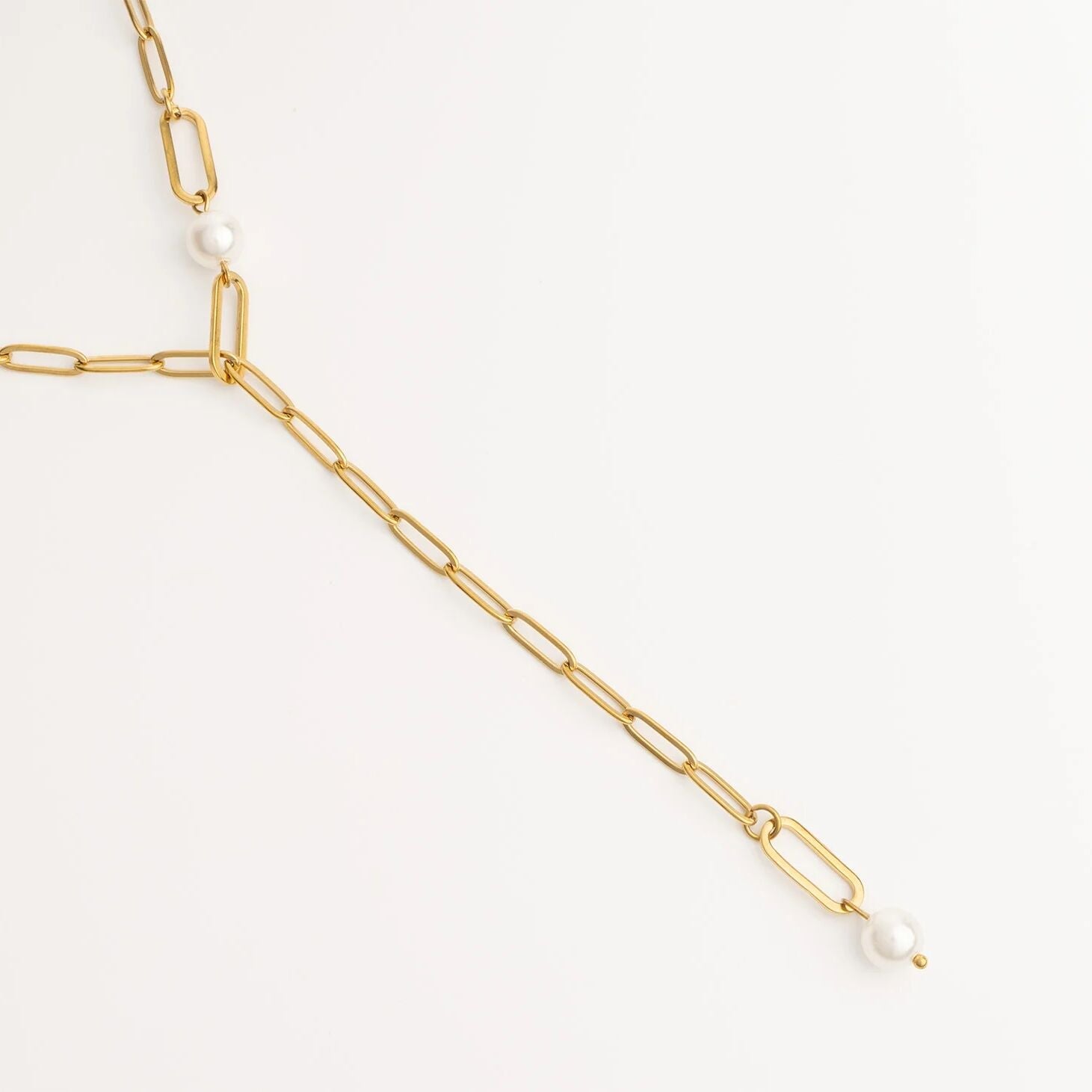 18K Gold PVD Stainless Steel Y Paperclip Necklace with Pearl