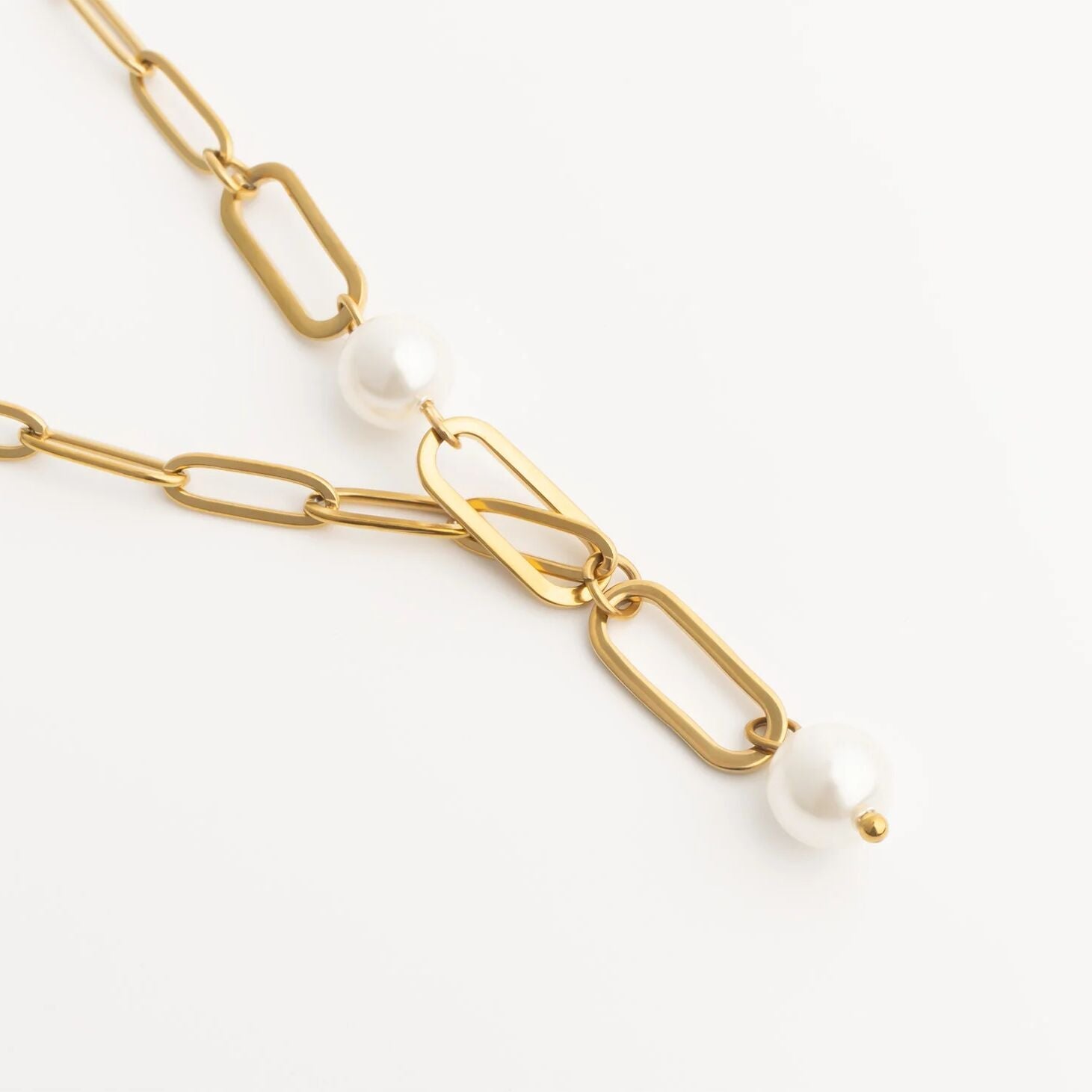 18K Gold PVD Stainless Steel Y Paperclip Necklace with Pearl