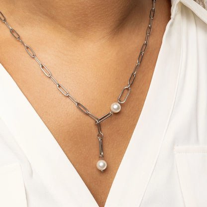 18K Gold PVD Stainless Steel Y Paperclip Necklace with Pearl