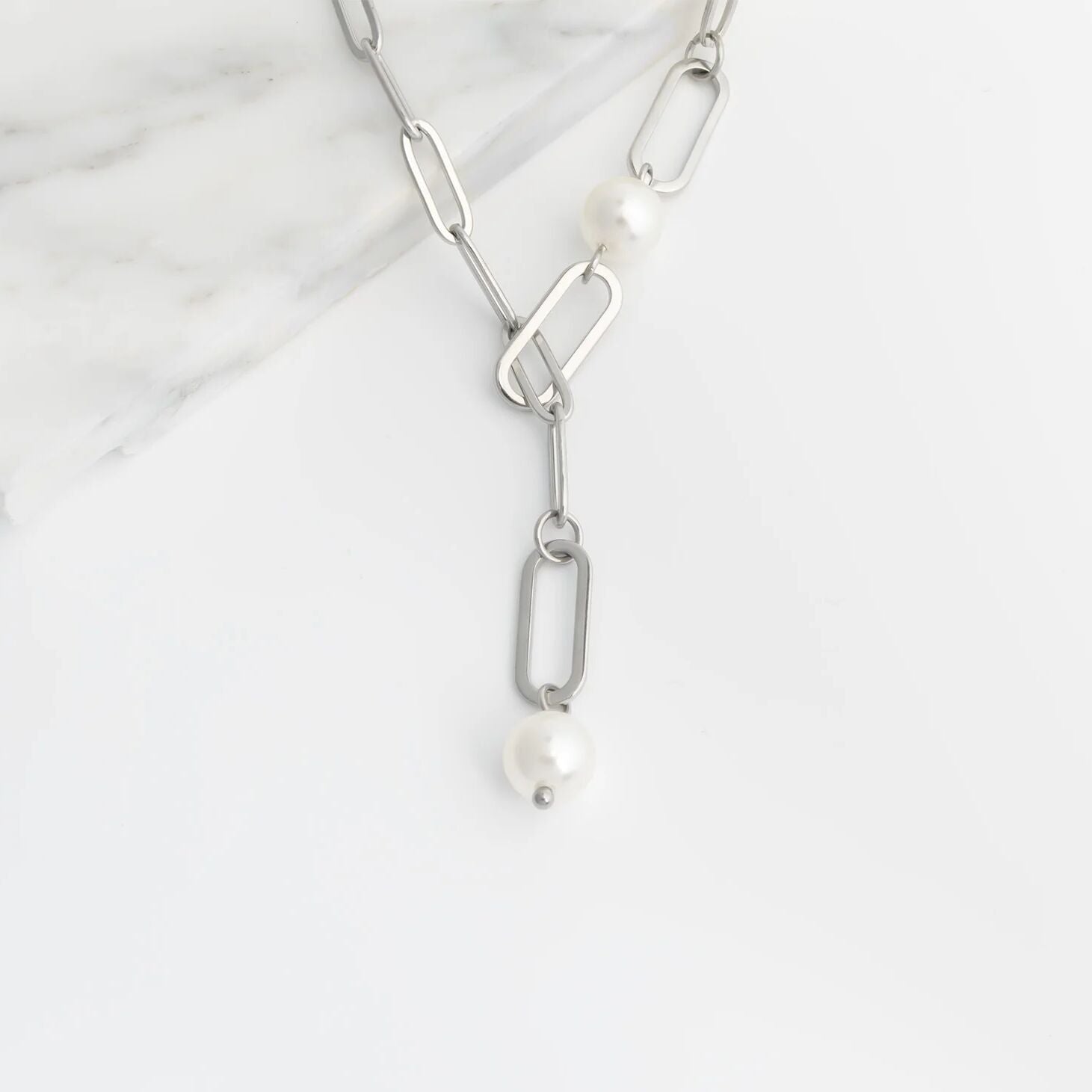 18K Gold PVD Stainless Steel Y Paperclip Necklace with Pearl