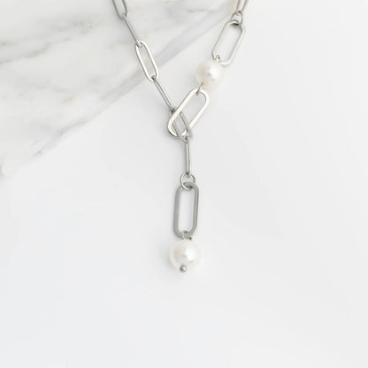 18K Gold PVD Stainless Steel Y Paperclip Necklace with Pearl