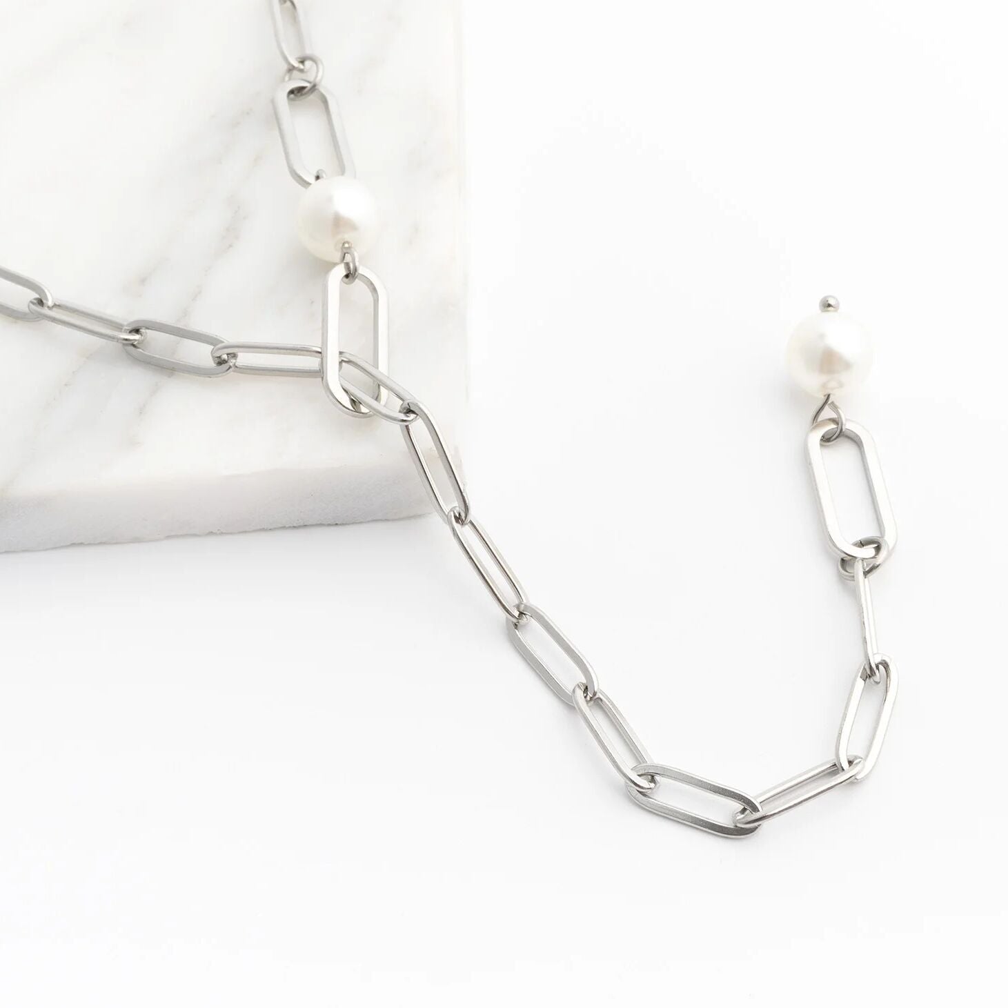 18K Gold PVD Stainless Steel Y Paperclip Necklace with Pearl