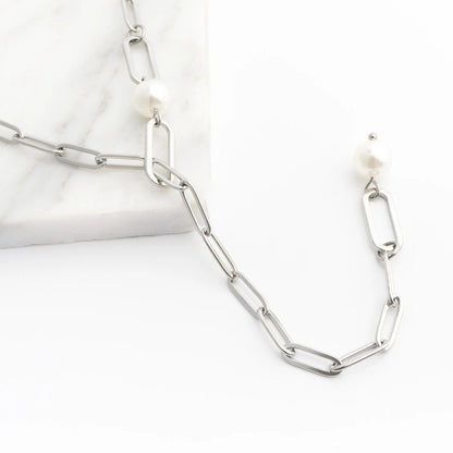 18K Gold PVD Stainless Steel Y Paperclip Necklace with Pearl