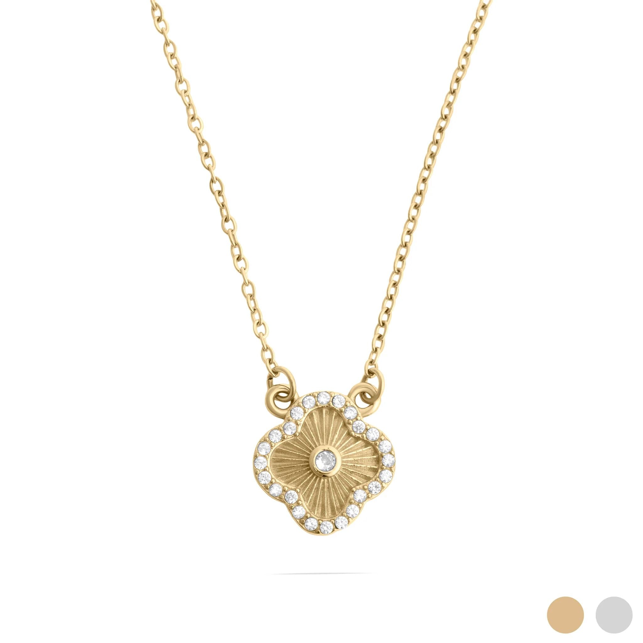 18K Gold PVD Stainless Steel Floral Motif Necklace with Stone