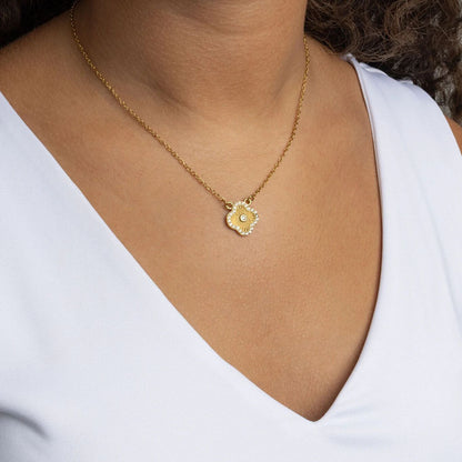 18K Gold PVD Stainless Steel Floral Motif Necklace with Stone