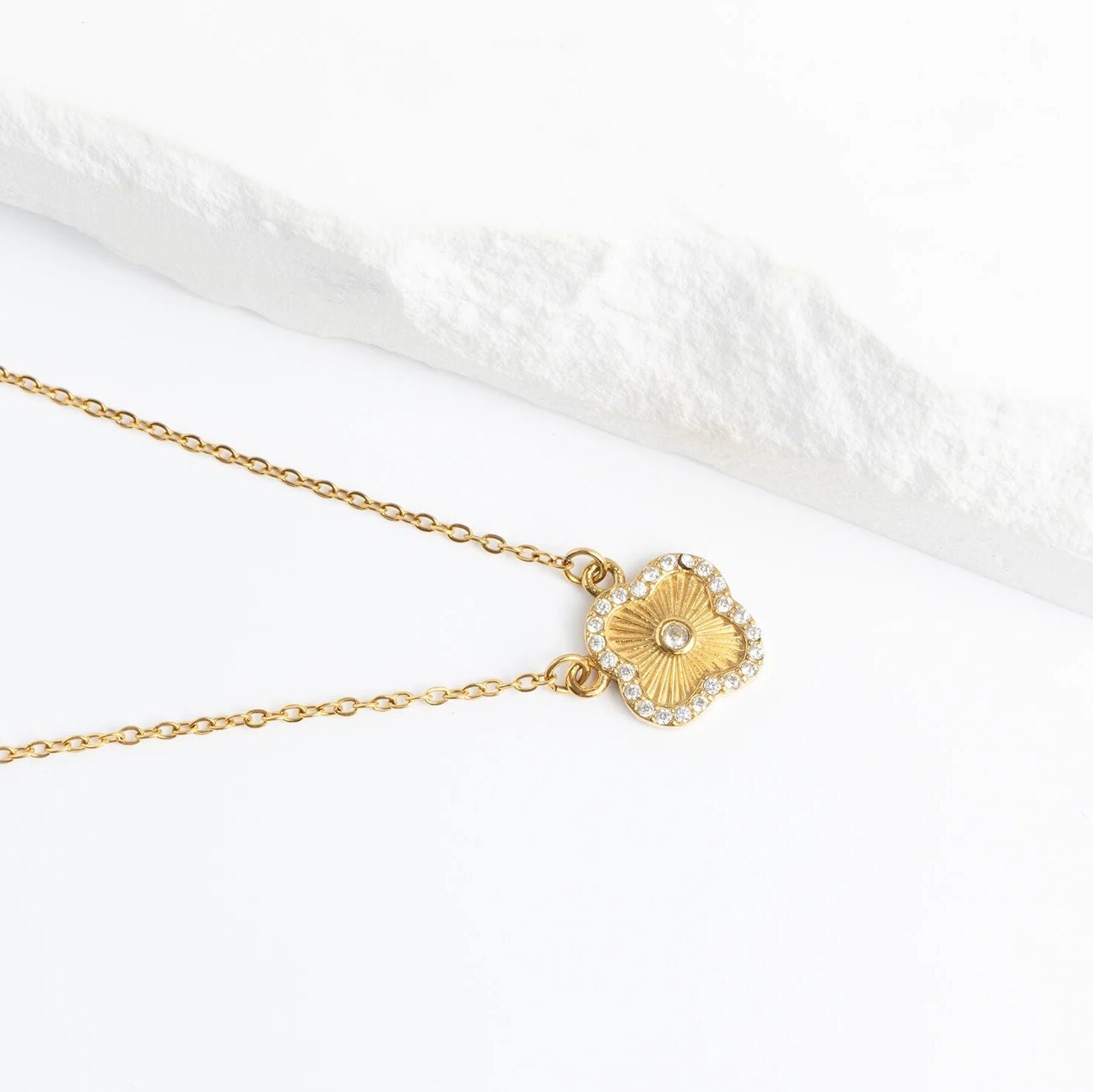 18K Gold PVD Stainless Steel Floral Motif Necklace with Stone