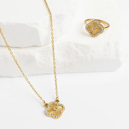 18K Gold PVD Stainless Steel Floral Motif Necklace with Stone