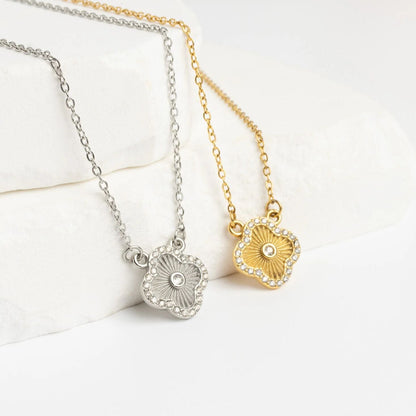 18K Gold PVD Stainless Steel Floral Motif Necklace with Stone