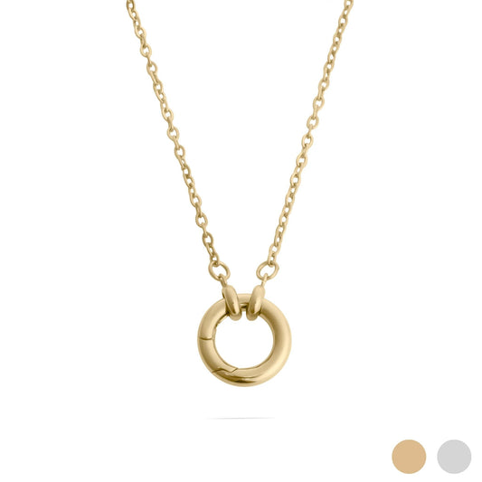 Gold necklace with a circular pendant on a white background