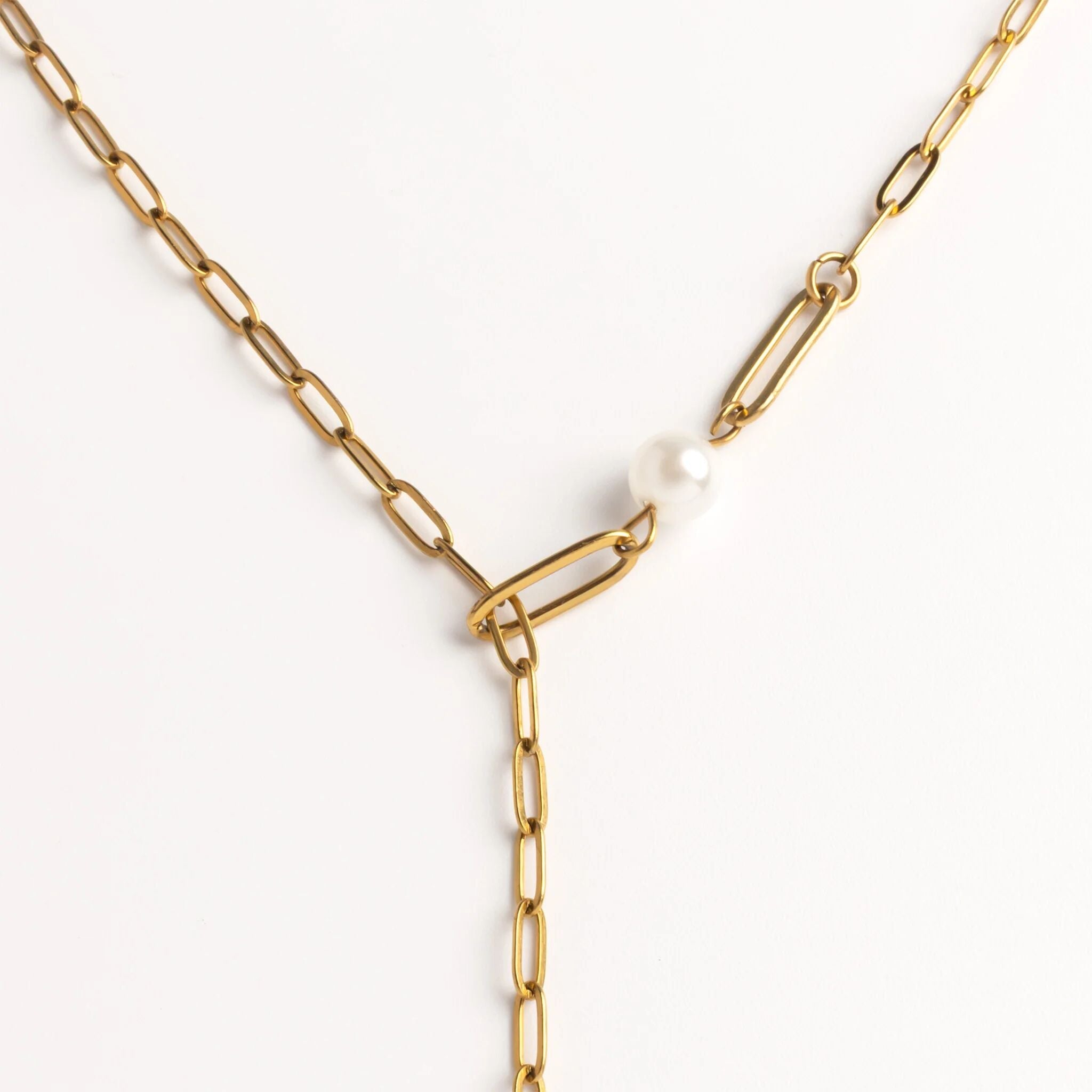 18K Gold PVD Stainless Steel Paperclip Pearl Y Necklace