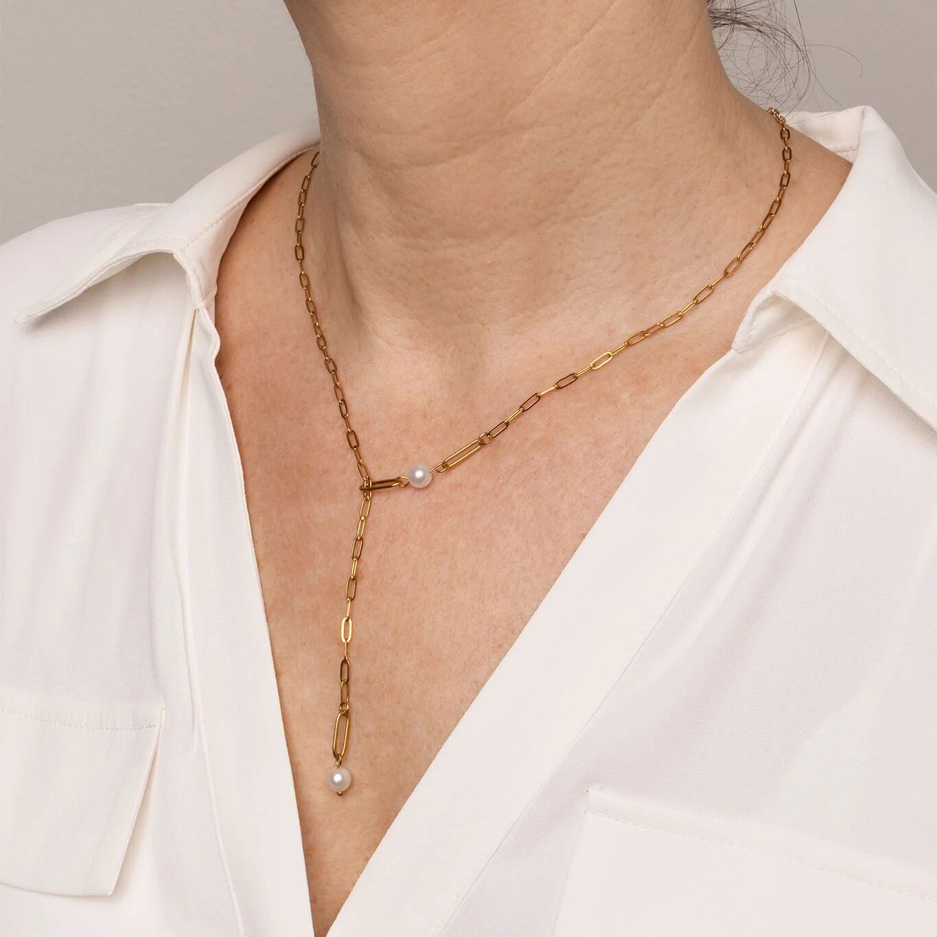 18K Gold PVD Stainless Steel Paperclip Pearl Y Necklace