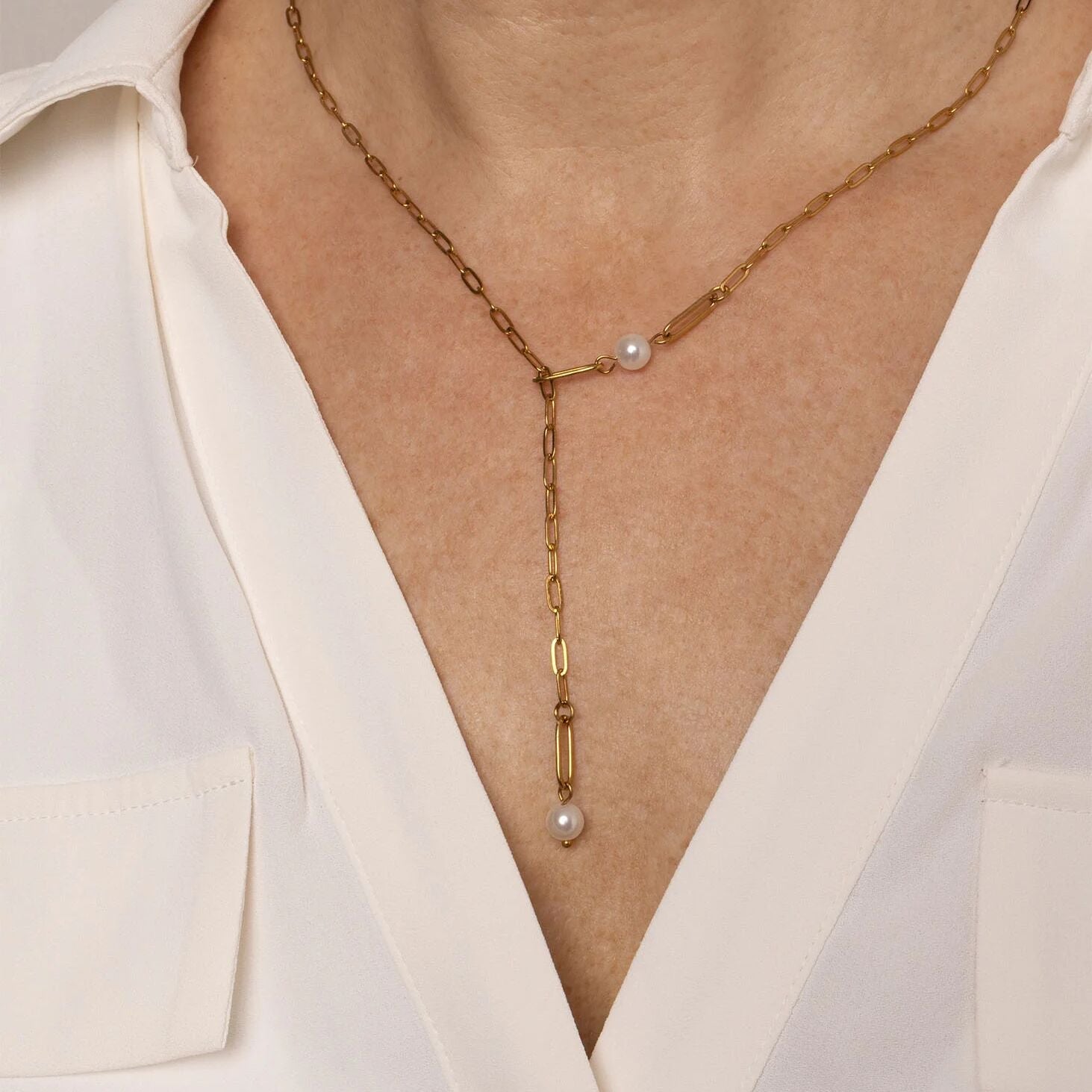 18K Gold PVD Stainless Steel Paperclip Pearl Y Necklace