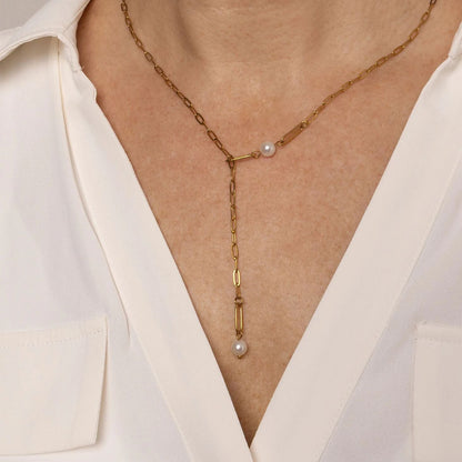 18K Gold PVD Stainless Steel Paperclip Pearl Y Necklace