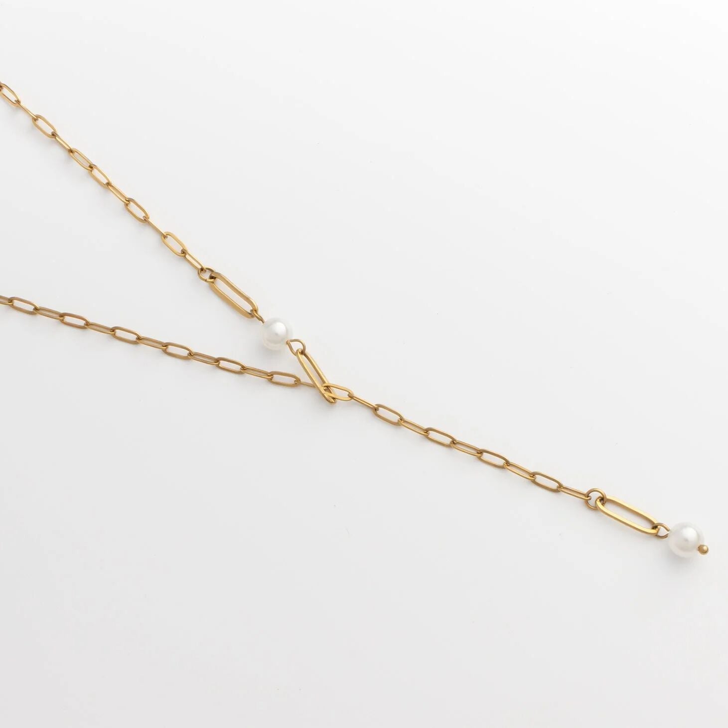 18K Gold PVD Stainless Steel Paperclip Pearl Y Necklace