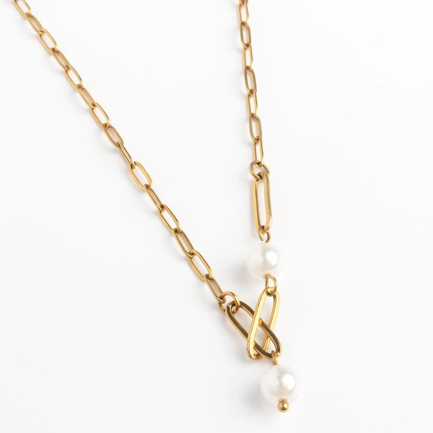 18K Gold PVD Stainless Steel Paperclip Pearl Y Necklace