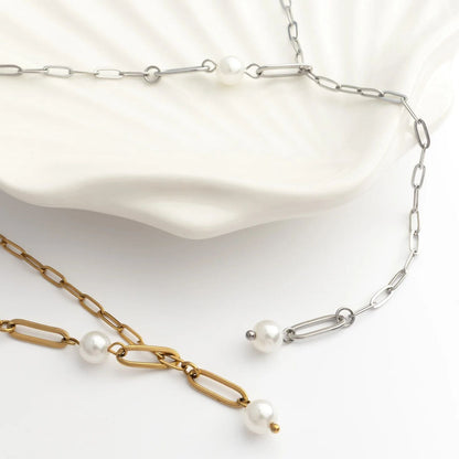 18K Gold PVD Stainless Steel Paperclip Pearl Y Necklace