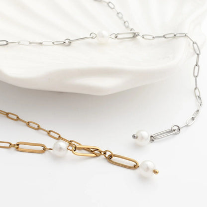 18K Gold PVD Stainless Steel Paperclip Pearl Y Necklace